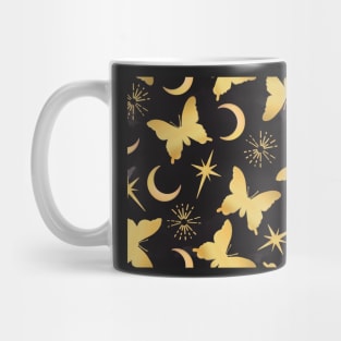 Gold Stamped Butterflies and Sunbursts on Black Mug